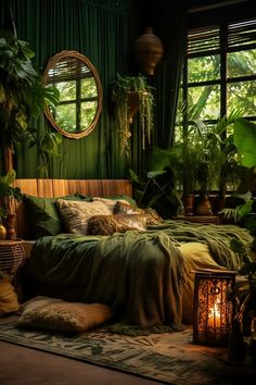 a bed with green sheets and pillows in a room filled with potted greenery