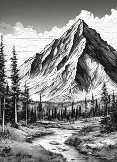 a black and white drawing of a mountain with trees in the foreground, water running through it