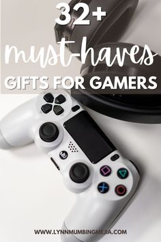 two video game controllers with the words, 32 must haves gifts for gamers