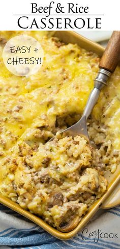 beef and rice casserole in a yellow baking dish with a serving spatula