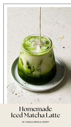 homemade iced matcha latte with vanilla beans and honey is the perfect drink for cold weather