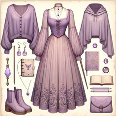 Fine Clothes Dnd, Fancy Elf Clothes Dnd, Purple Outfit Design Drawing, Medival Outfits Woman Drawing, Fairy Clothes Drawing Character Design, Character Clothing Ideas, Purple Fantasy Outfit Drawing, Mage Outfit, Prim And Proper