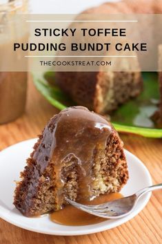 sticky toffee pudding bundt cake on a plate with a fork