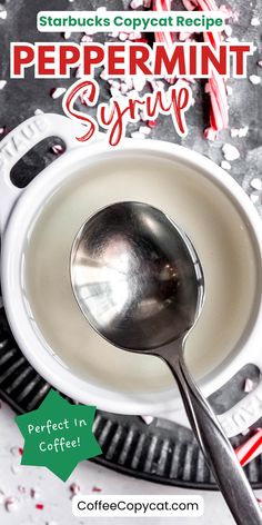 peppermint syrup in a white bowl with a spoon