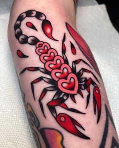 Traditional Tattoos With Hearts, Trad Scorpion Design, Heart Scorpion Tattoo Traditional, Traditional Tattoos Of Women, Traditional Tattoos Scorpion, Red American Traditional Tattoo, Women’s Traditional Tattoo, Trad American Tattoo