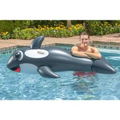 a man sitting on top of an inflatable dolphin swimming pool floatie with his arms crossed