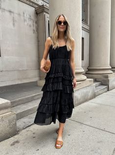 Bookmark This: Weekday Outfit Inspiration for All Occasions - Fashion Jackson Black Summer Maxi Dress, Black Flowy Maxi Dress, Dressy Summer Dresses, Turkey Summer, Dress And Sneakers Outfit, Black Tiered Dress, Maxi Dress Outfit, Cinq A Sept