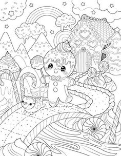 an adult coloring book page with a girl and her dog in the woods, surrounded by clouds