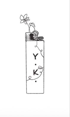 a black and white drawing of a vase with a flower in it that says y k