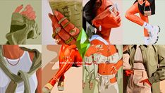 a collage of photos with different outfits and accessories on them, including an orange woman's head