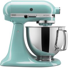 an aqua green kitchen mixer on a white background with the words artisan above it