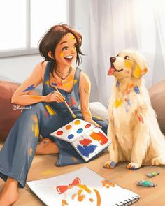 a woman sitting on the floor next to a dog and holding a paintbrush in her hand