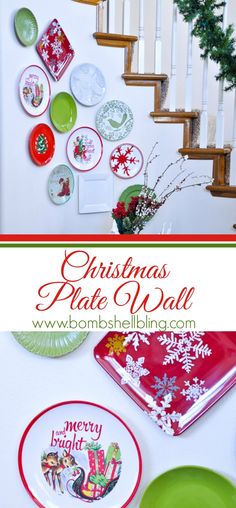 christmas plate wall with plates on it and the words, christmas plate wall above them