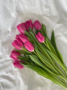 a bunch of pink tulips are laying on a white sheet with green stems