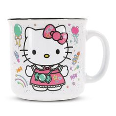 SAY HELLO TO THE LIFE OF THE PARTY Add some supercute razzle-dazzle to your day with this Hello Kitty camper mug. Wearing a charming pink dress and matching hairbow, Hello Kitty looks absolutely radiant as she welcomes the merry revelry ahead. Get a... Hello Kitty Happy Birthday, Hello Kitty Happy, Hello Kitty School, Happy Birthday Icons, Costume Accessories Diy, Hello Kitty Mug, Birthday Painting, Hello Kitty Birthday Party, Hello Kitty House