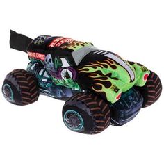 a toy monster truck with flames on it's body and wheels is shown in this image