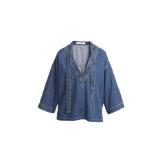 Valentino Garavani denim tunic top with a V hardware logo and scarf neck V neckline Three-quarter sleeves Relaxed fit Side slits Back yoke; box pleat Pullover style Cotton/lyocell Made in Italy Indigo V-neck Top For Spring, Chic Denim Blue V-neck Top, Valentino Scarf, Kaftan Top, Denim Tunic, Hardware Logo, Scarf Neck, Silk Tunic, Denim Details