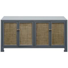 the sideboard with three doors is made from grey wood and has rattan panels