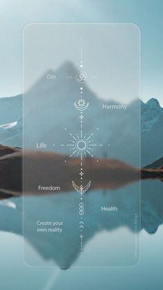 an image of mountains and water with the words life, harmony, freedom written on it