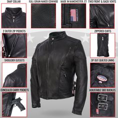 Full Grain Naked Cowhide Silver Hardware Zippered Cuffs Snap Button Collar Two Front Pockets Zip Out Quilted Lining Shoulder Gussets Two Front Vents Two Back Vents Adjustable Side Buckle Inside Pocket with Snap Closure YKK Premium Metal Zippers 5 YEAR WARRANTY - This American Made leather jacket is backed by Hot Leathers 5 year warranty. Hot Leathers is proud to stand behind the quality and craftsmanship of this fine garment. All stitching and hardware is guaranteed against fault or defect for a Motorcycle Black, Black Leather Biker Jacket, Leather Biker Jacket, Biker Jacket, American Made, Silver Hardware, Snap Button, Inside Pocket, Grain