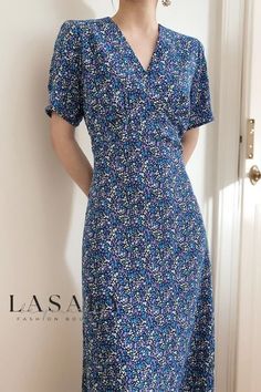 Lasaky - Stylish Floral Print Tea-Length Dress with V-Neck and Waist-Defining Belt Fitted Floral Print Dress With Split Neck, Flower Skirt, Bubble Sleeve, Tea Length Dresses, Mid Length Skirts, Skirt Skirt, Tea Length, Types Of Skirts, Small Flowers