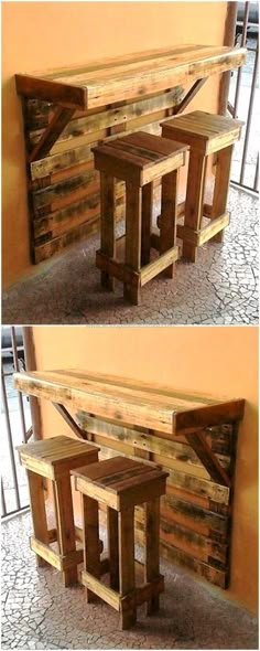 two pictures of the same table made out of pallet wood