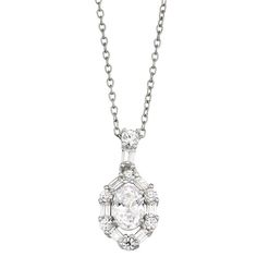 "Dress to dazzle whenever you wear this Contessa Di Capri cubic zirconia oval pendant necklace. Dress to dazzle whenever you wear this Contessa Di Capri cubic zirconia oval pendant necklace. Pendant size: 9.5 mm x 20 mm Drop length: 0.7 in. Chain length: 18 in. Chain type: cable Nickel free Metal: sterling silver Plating: rhodium Finish: polished Packaging: boxedSTONE DETAILS Stone type: cubic zirconia Total weight: 2 1/5 ct. Center stone weight: 1 1/4 ct. Center stone size: 5 mm x 7mm Shape: ov Elegant Oval Necklaces With Sparkling Stones, Oval Brilliant Cut Cubic Zirconia Necklace, Dazzling Oval Necklace With Diamond Accents, Oval Cubic Zirconia Diamond Necklace With Accents, Oval Pendant Diamond Necklace With Cubic Zirconia Accents, Cubic Zirconia Diamond Necklace With Oval Pendant, Cubic Zirconia Diamond Accented Oval Pendant Necklace, Dazzling Oval Diamond White Necklace, Oval Diamond White Dazzling Necklace