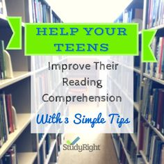 a library filled with lots of books and text that reads help your teens improve their reading comprehension with 3 simple tips