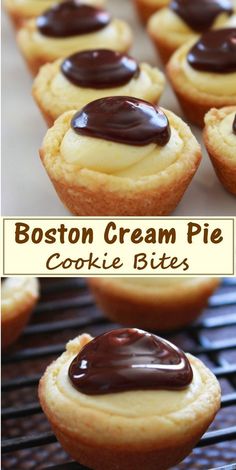 boston cream pie cookie bites with chocolate frosting on top and in the middle, sitting on a cooling rack