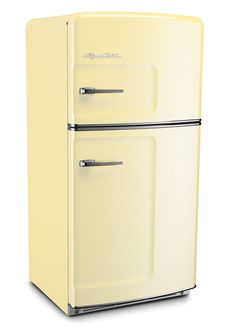 an old fashioned yellow refrigerator on a white background