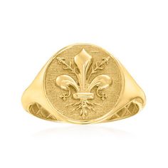 Ross-Simons - Italian 14kt Yellow Gold Fleur-De-Lis Signet Ring Size 7. Representing perfection and light, the fleur-de-lis symbol shines in textured and polished 14kt yellow gold. Crafted in Italy, our symbolic signet ring looks great with any outfit! 1/2" wide. 14kt yellow gold fleur-de-lis signet ring. Gold Antique Rings, Italian Rings, Jewelry Presentation, Colorful Inspiration, Signet Rings Women, Italian Jewelry, Dope Jewelry, Ring Ideas, Natural Gold