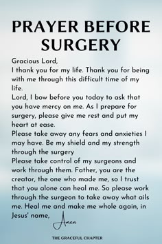 a prayer card with the words prayer before surgery