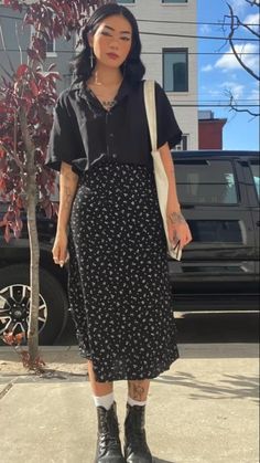 Skirt ideas for back to school Business Casual Outfits With Docs, Comfy Outfits For Teachers, Cottage Core Inspired Outfits, Edgy Work Outfits Summer, Indie Outfit Inspo Summer, Gen Z Business Casual Outfits, Emo Teacher Outfits, Alt Business Casual Outfits, Comfy Whimsigoth