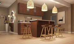 an image of a kitchen setting with bar stools and lights hanging from the ceiling