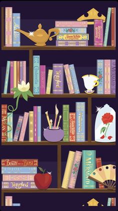 bookshelves with teapots and other items on them