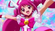 an anime character with pink hair and horns on her head, wearing a purple outfit