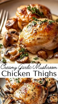 chicken thighs with mushrooms and herbs on a white plate