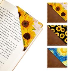 three sunflowers are shown on the side of an open book, and one is showing