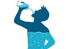 a man drinking from a water bottle with bubbles on his body and arms in the air