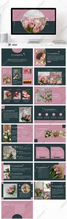 the website is displayed with pink flowers and green leaves on it's display shelf