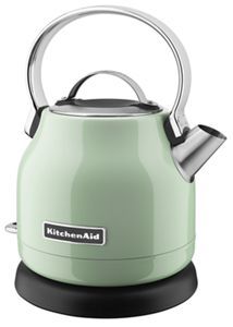 a blue kettle that is on top of a black base and has a metal handle