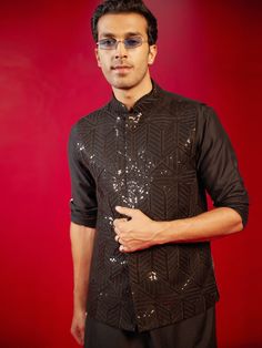 SHRESTHA By VASTRAMAY Men's Black Sequince Nehru Jacket Long Sleeve Bandhgala For Parties And Festivals, Bollywood Style Nehru Jacket For Festive Parties, Festive Bollywood Style Nehru Jacket For Parties, Festive Bollywood Nehru Jacket For Party, Festive Party Outerwear With Resham Embroidery, Festive Embroidered Outerwear For Party, Fitted Bandhgala For Fall Party, Festive Embroidered Party Outerwear, Eid Party Nehru Jacket With Mirror Work