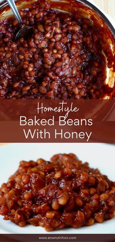 baked beans with honey in a white bowl and on a plate, next to the recipe