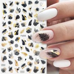 1pcs Black Laser Gold Autumn Leaf 3D Nail Sticker Coconut Tree Leaf Pattern Adhesive Transfer Bronze Nails, Nail Stickers Decals, Nail Art Stickers Decals, Diy Nail Art, Nail Patterns, Nail Sticker, Fall Nail Art, Autumn Leaf, 3d Laser