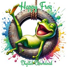 a green frog sitting on top of a tire with the caption happy frog digital download