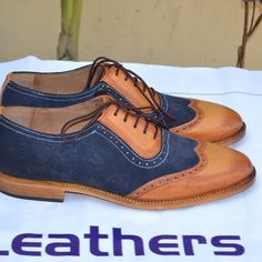 Brown Blue Suede Leather Handmade Wingtip Oxford Dress Shoes on Storenvy Quality Leather Boots, Wingtip Shoes, Custom Design Shoes, Oxford Dress Shoes, Wingtip Oxford, Blue Suede, Blue Fashion, Leather Handmade, Suede Leather