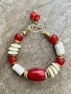 Bohemian Chic Bracelet Red Coral, African Tribal Brass and Trade Recycled Glass