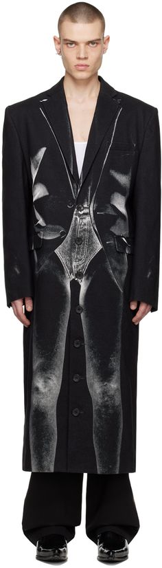 Cotton twill coat. Graphic pattern printed throughout. · Notched lapel · Button closure · Welt pocket and flap pockets · Padded shoulders · Four-button surgeon's cuffs · Central vent at back hem · Full satin lining · Corozo hardware Part of the Y/Project x Jean Paul Gaultier collaboration. Supplier color: Black Street Goth, Twill Coat, Long Black Coat, Project X, Black Jean, Y Project, Paul Gaultier, Denim Coat, Jean Paul