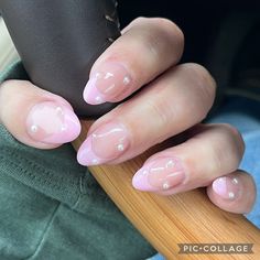 White And Pink French Tip, Pink Nails With Pearls On Them, Light Pink Nails With Pearls, Pink French Tips With Pearls, French Tips With Pearls, Pink Nails With Pearls, French Tip With Pearls, Colored French Tips