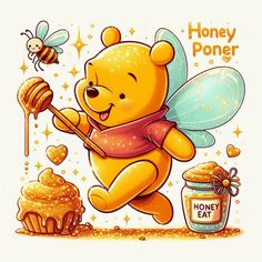 a cartoon winnie the pooh honey bear holding a honey jar and flying with bees